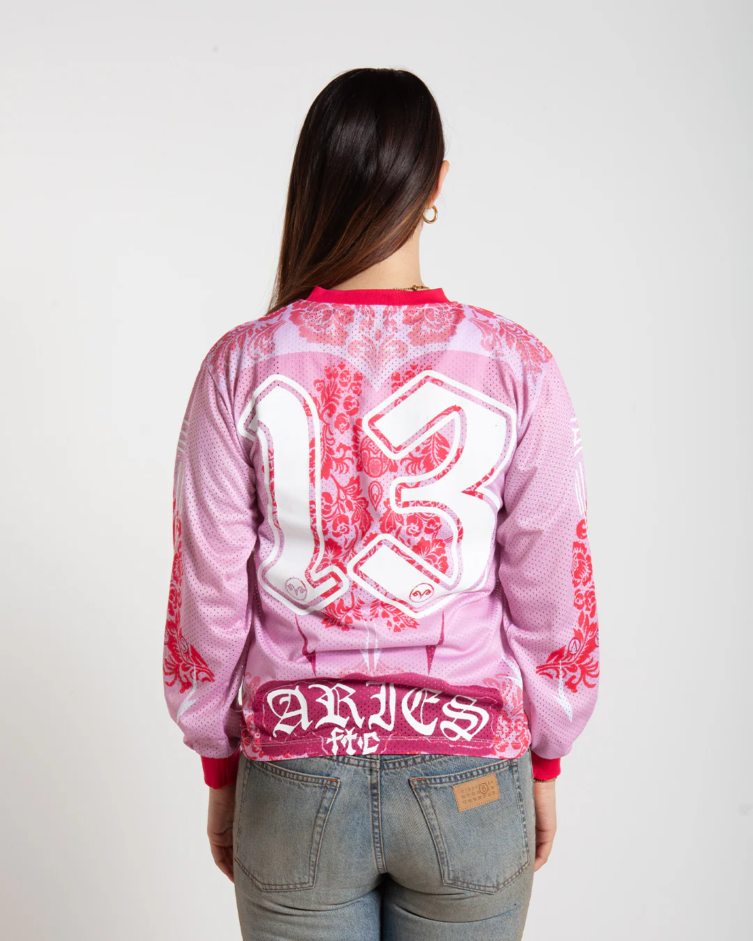 Aries Arise Graphic Gothic Lace Airtex LS Tee Pink - Image 3