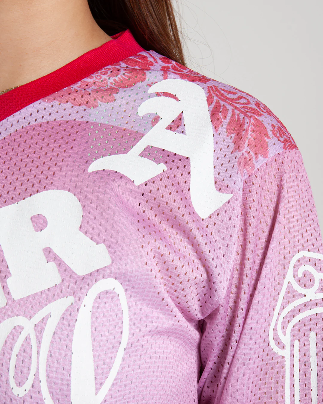 Aries Arise Graphic Gothic Lace Airtex LS Tee Pink - Image 4
