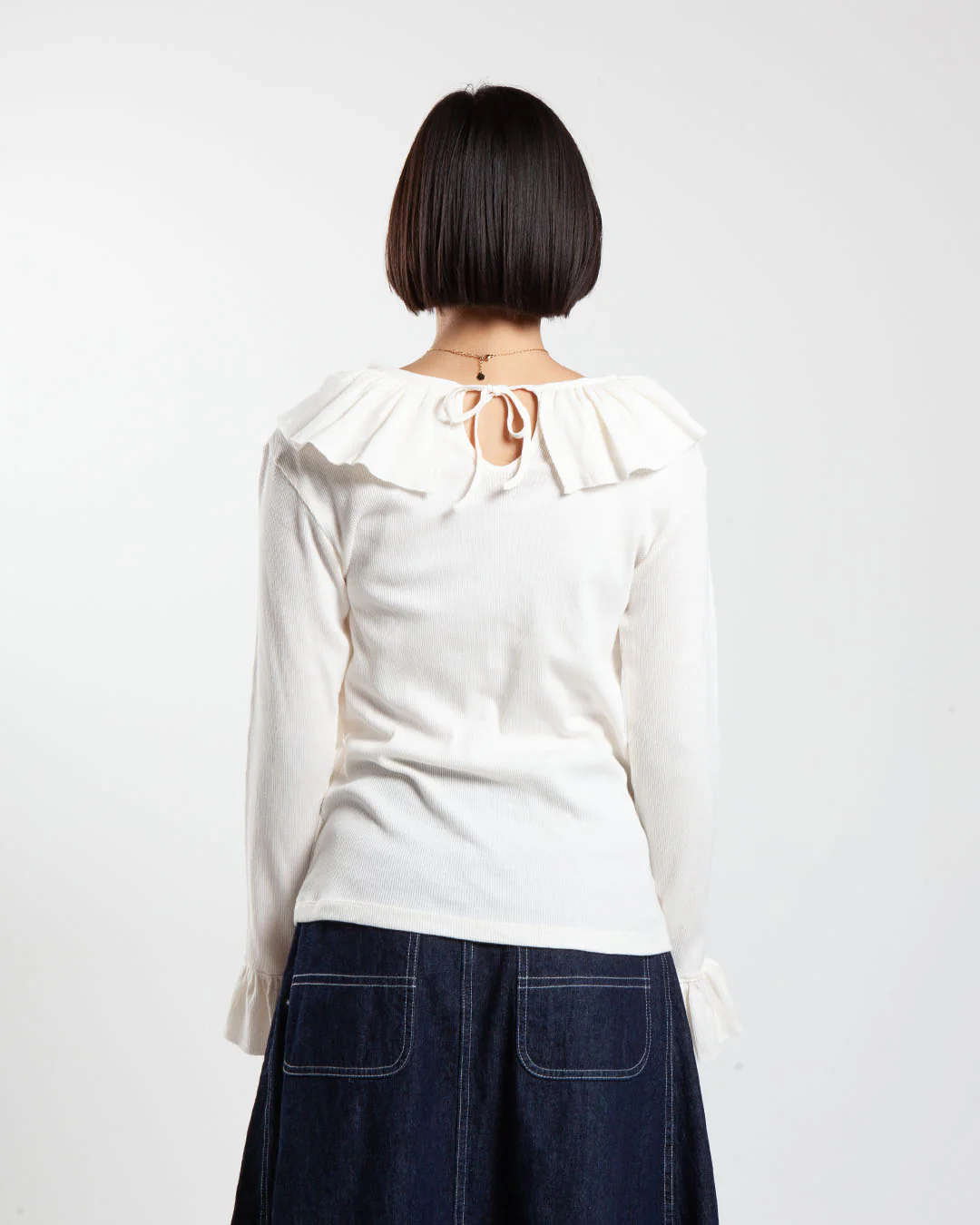 Beams Boy O.Rib Knitted Ruffle Gathered Longsleeve Tshirt Ivory - Image 3
