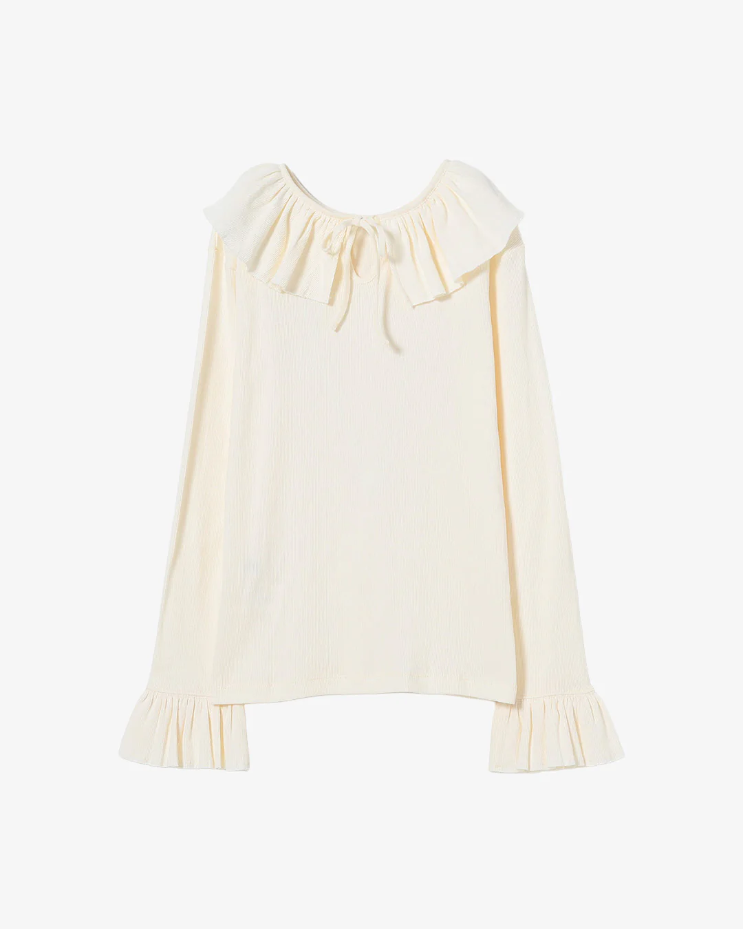 Beams Boy O.Rib Knitted Ruffle Gathered Longsleeve Tshirt Ivory - Image 6