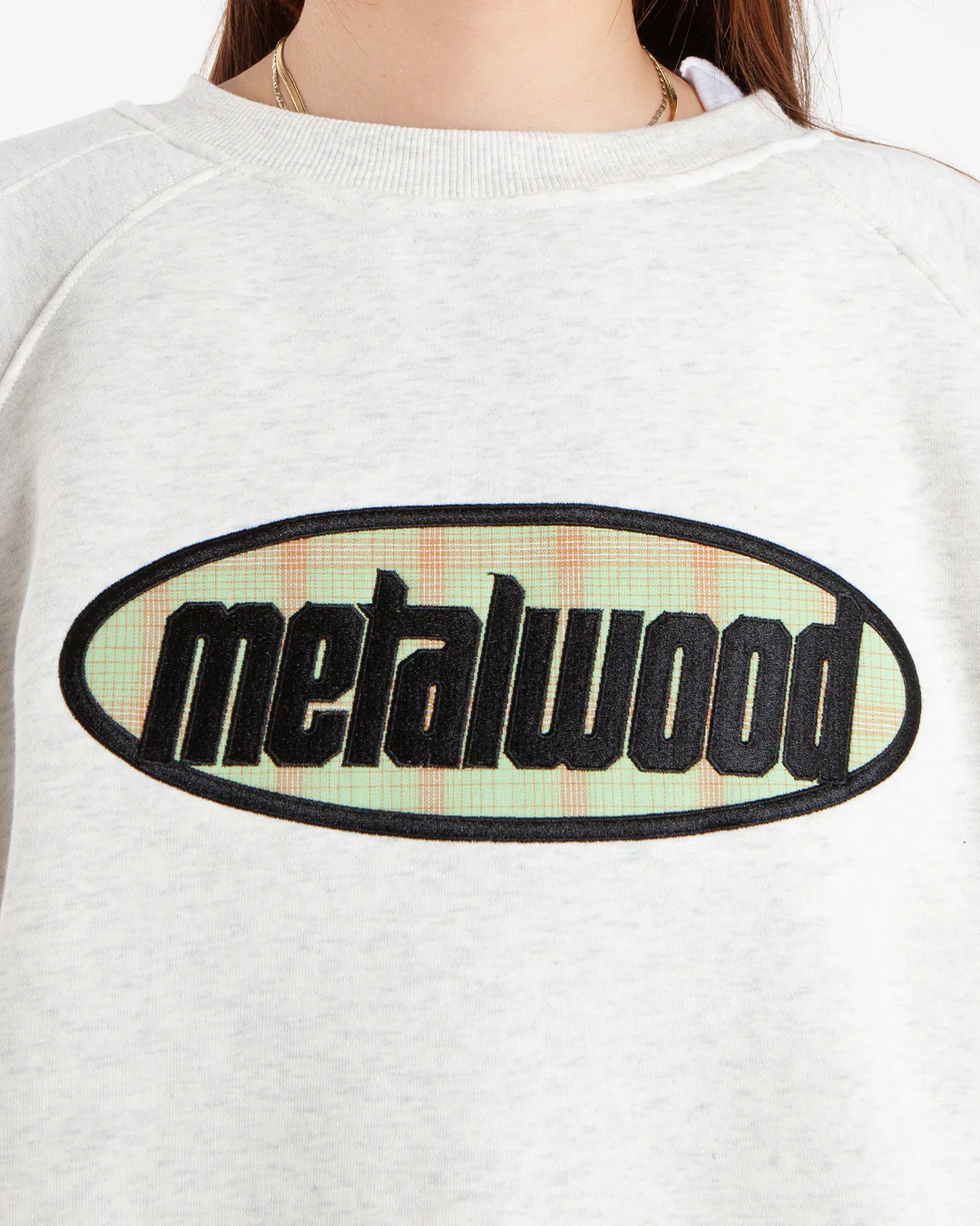 Metalwood Studio Plaid Oval Logo Raglan Crewneck Sweatshirt Heather Grey - Image 4